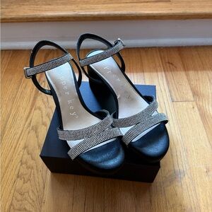 Copper Key Black and Silver Heels with Rhinestone Straps